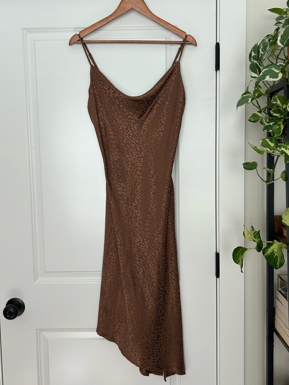 Brown Satin Slip Midi Dress with Subtle Leopard Print